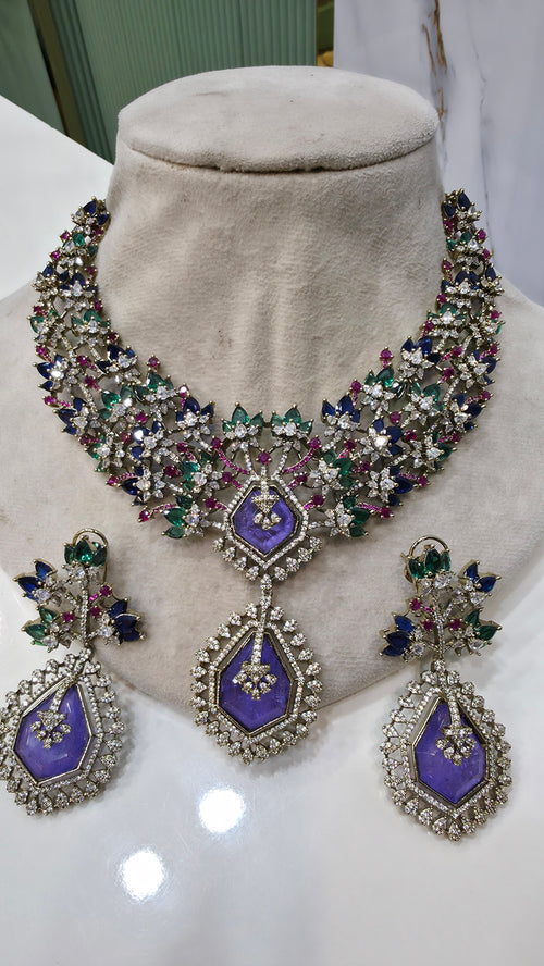Abhilasha Designer Statement Doublet and AD Necklace Set- Purple Multi