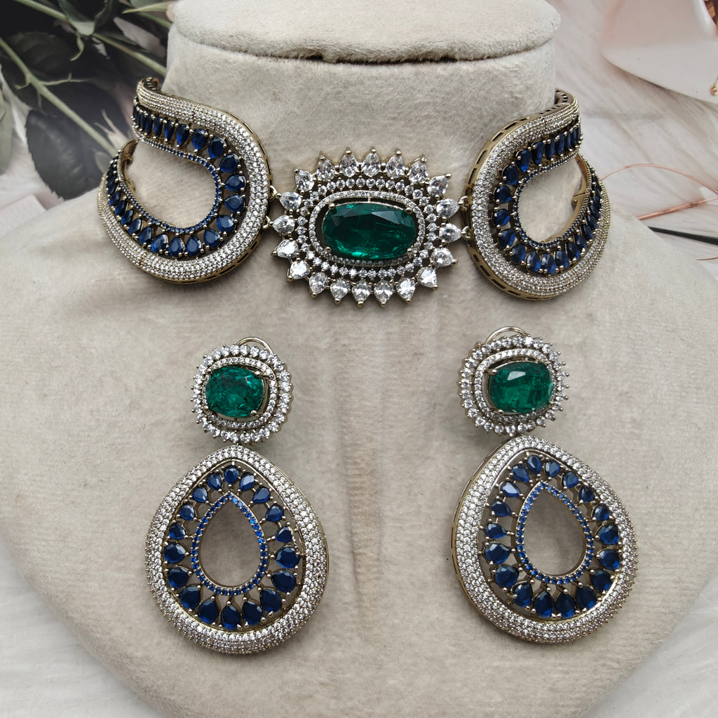 Nausheen Designer Premium Collar Necklace Set- Blue and Emerald
