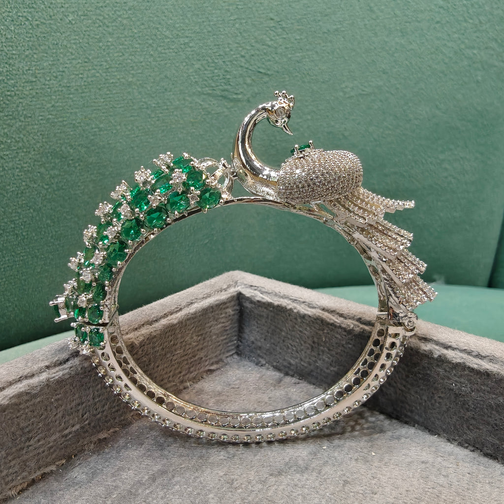 Mayura 3D Layer Openable Bracelet (Silver Finish)- Green