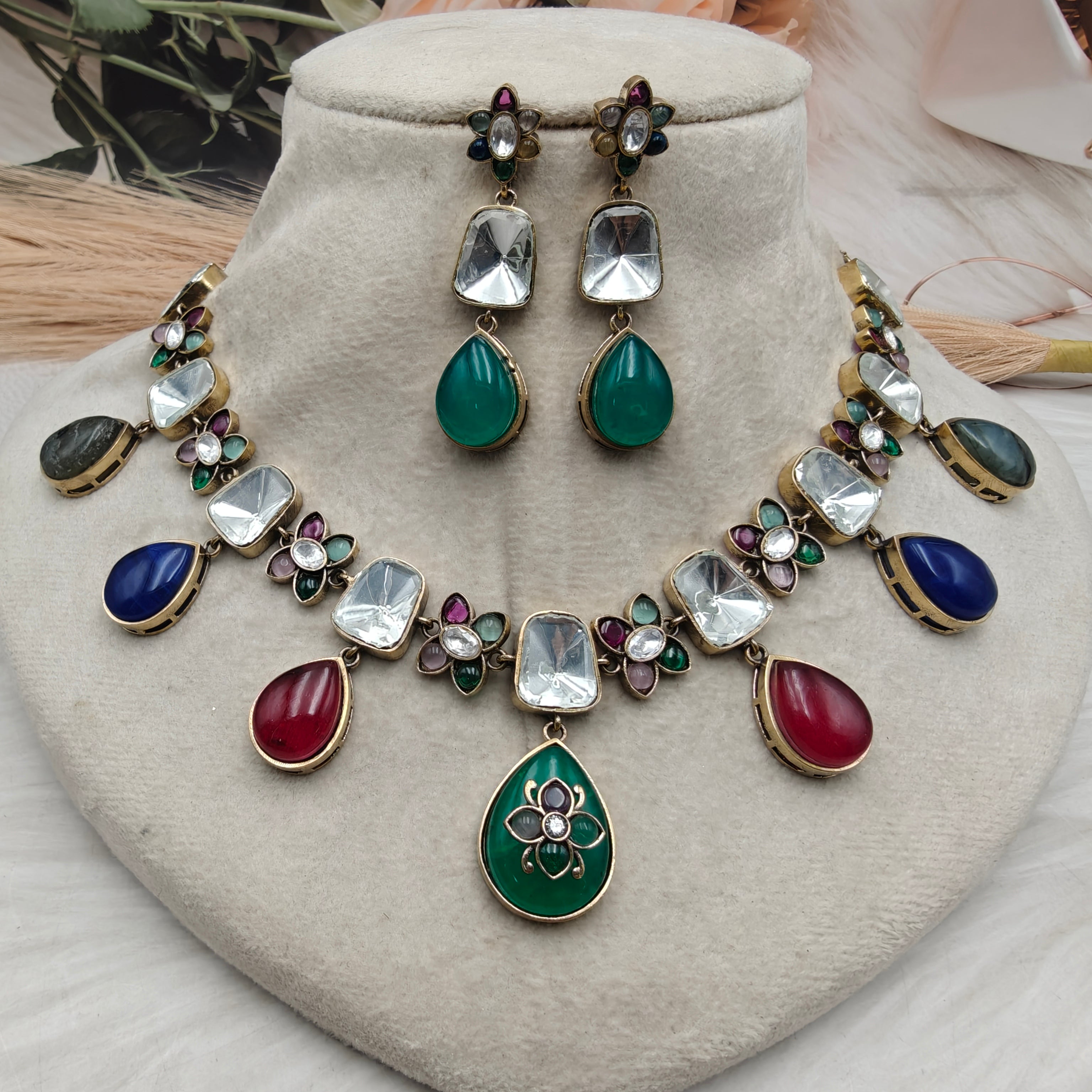 Khushbu Sabyasachi Inspired Natural Stones Necklace Set - Multi