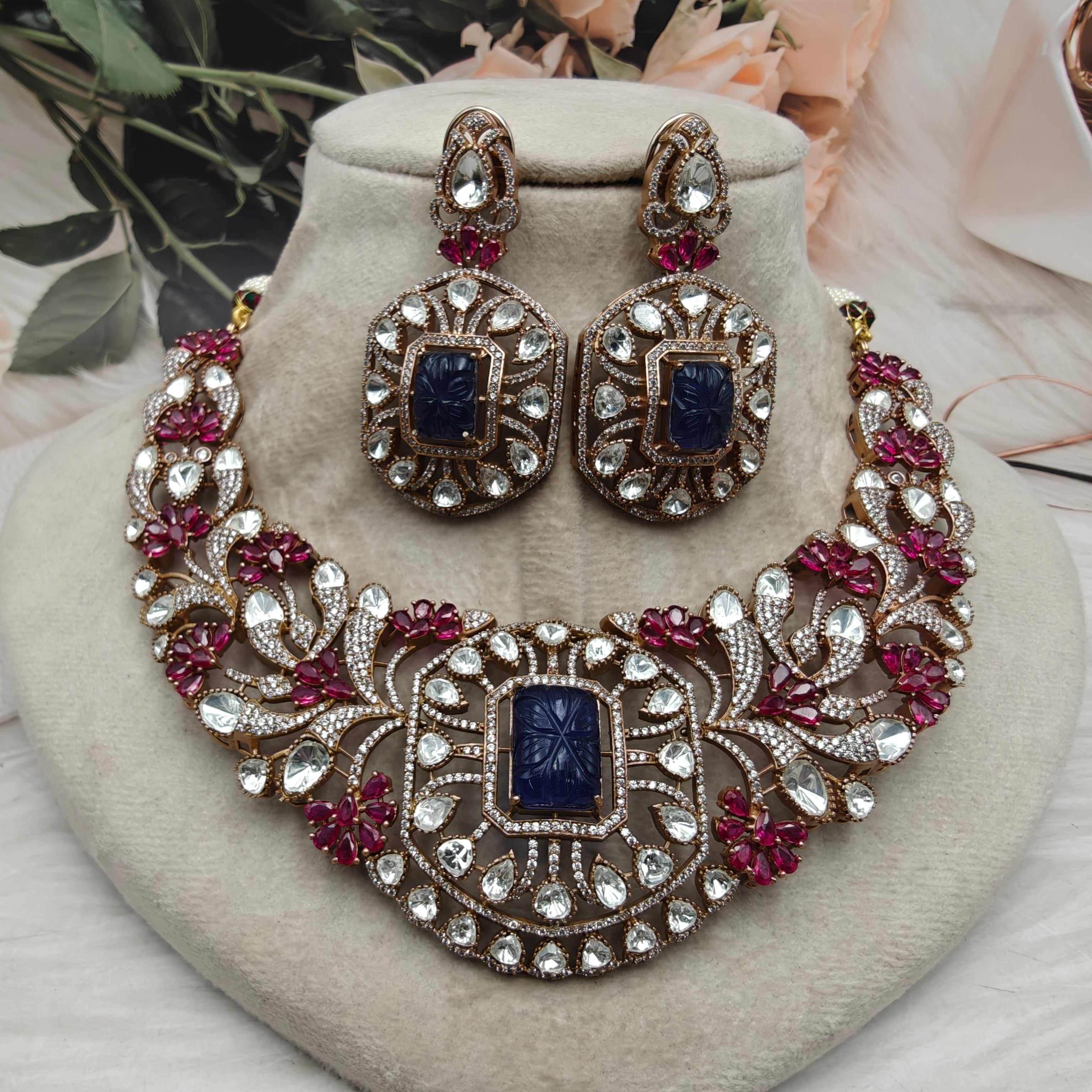 Samrajini Moissanite Necklace Set- Ruby n Blue