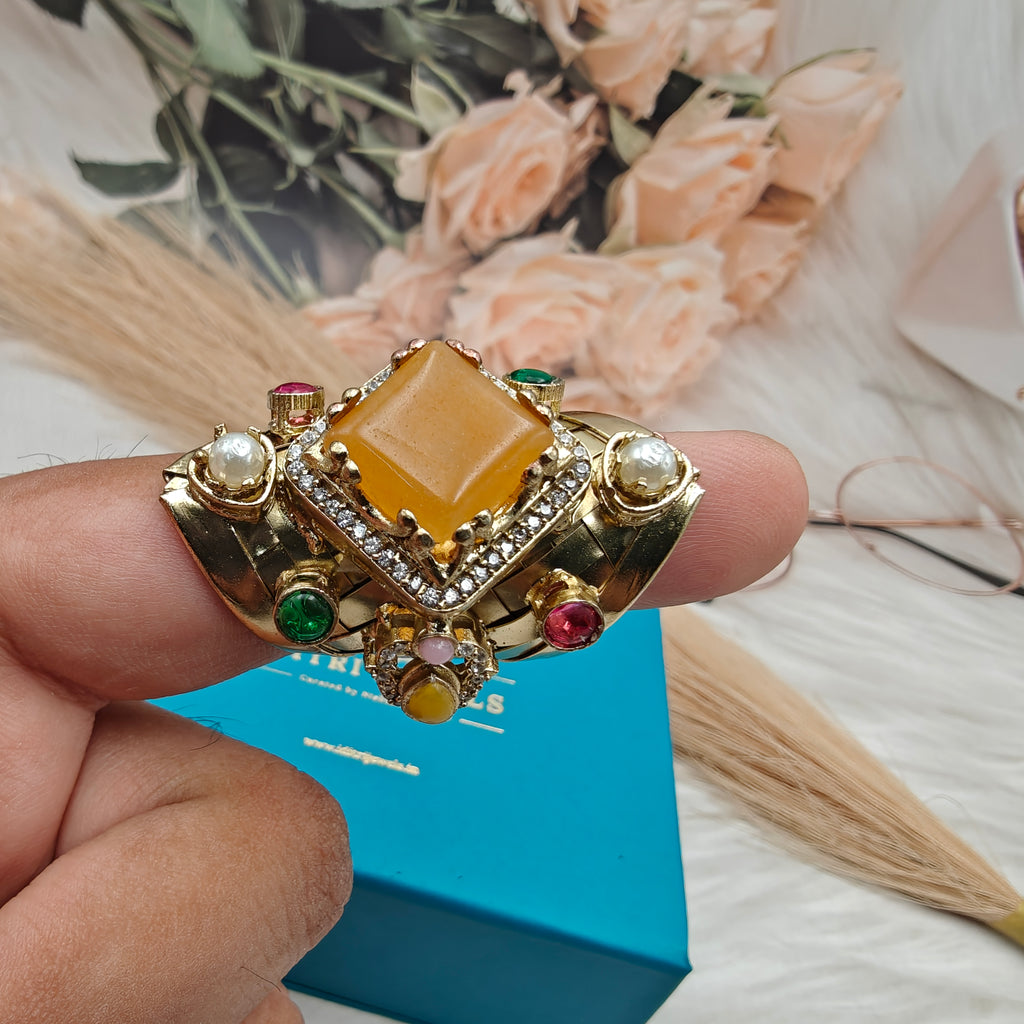 Anshika Brass Fusion Handcrafted Gemstone Sabya Inspired Statement Ring- Mango Yellow