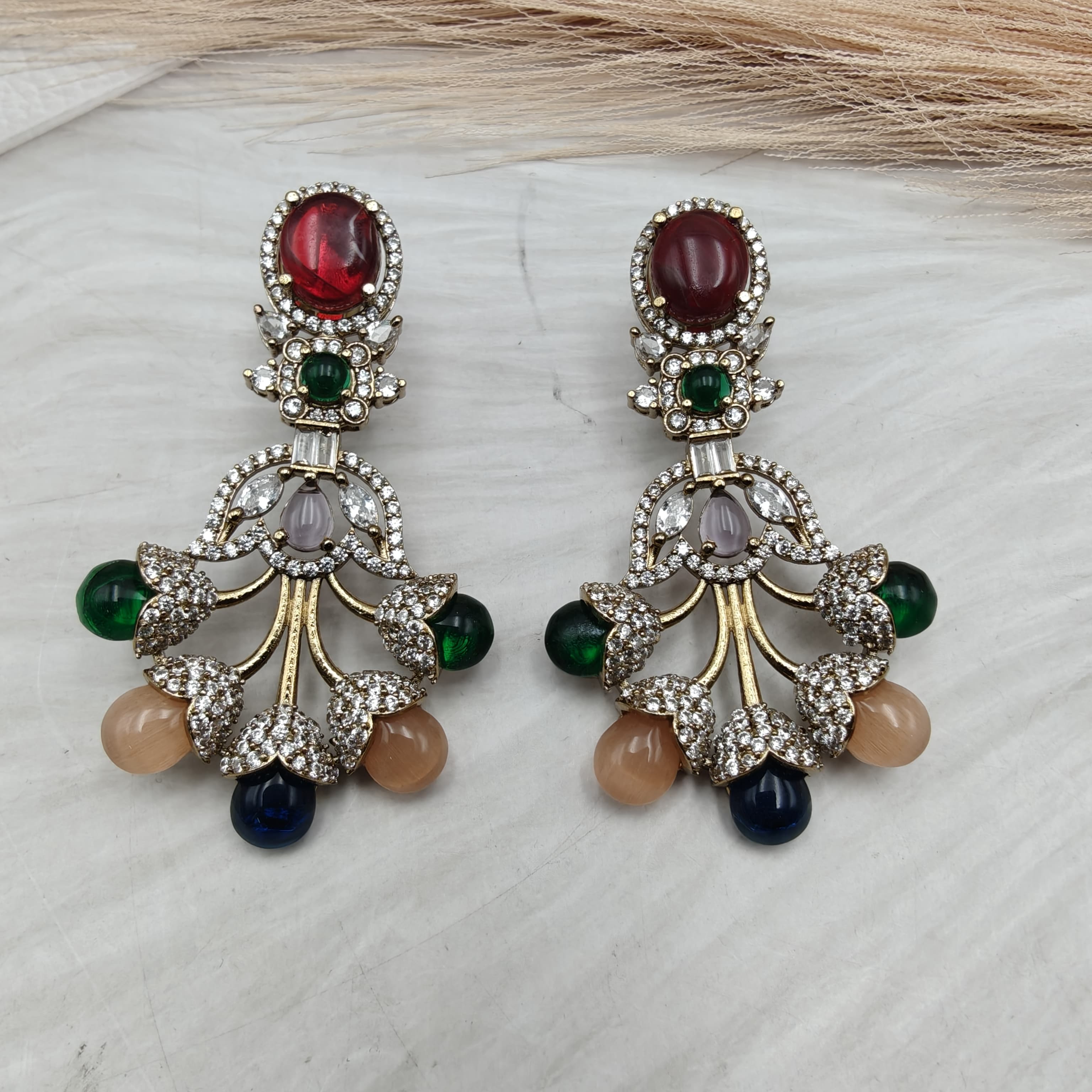 Ambika Statement Gemstone Earrings- Maroon Multi