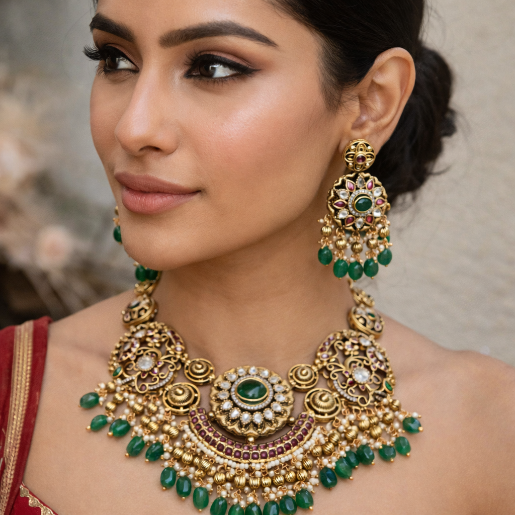 Viraasat Heritage Necklace Set- Green Ruby