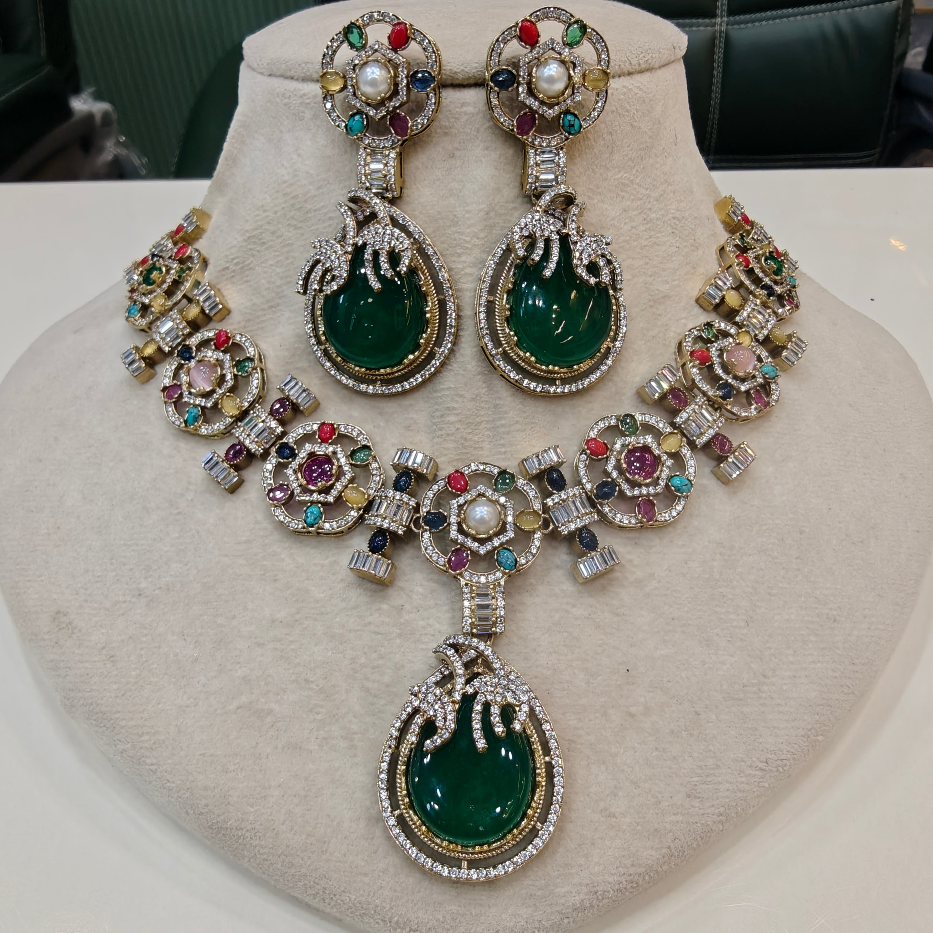 Manvika Sabya Inspired Navratan Necklace Set- Green
