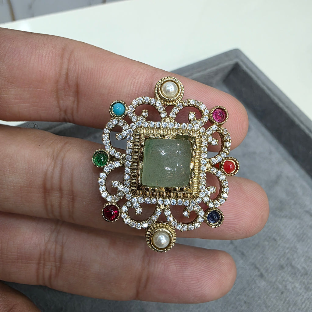 Akshika Sabya Inspired Natural Stone Adjustable Ring- Mint Multi