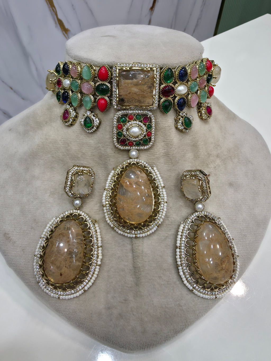 Alokika Sabya Inspired Pearl and Natural Stone Necklace Set- Fawn Multi