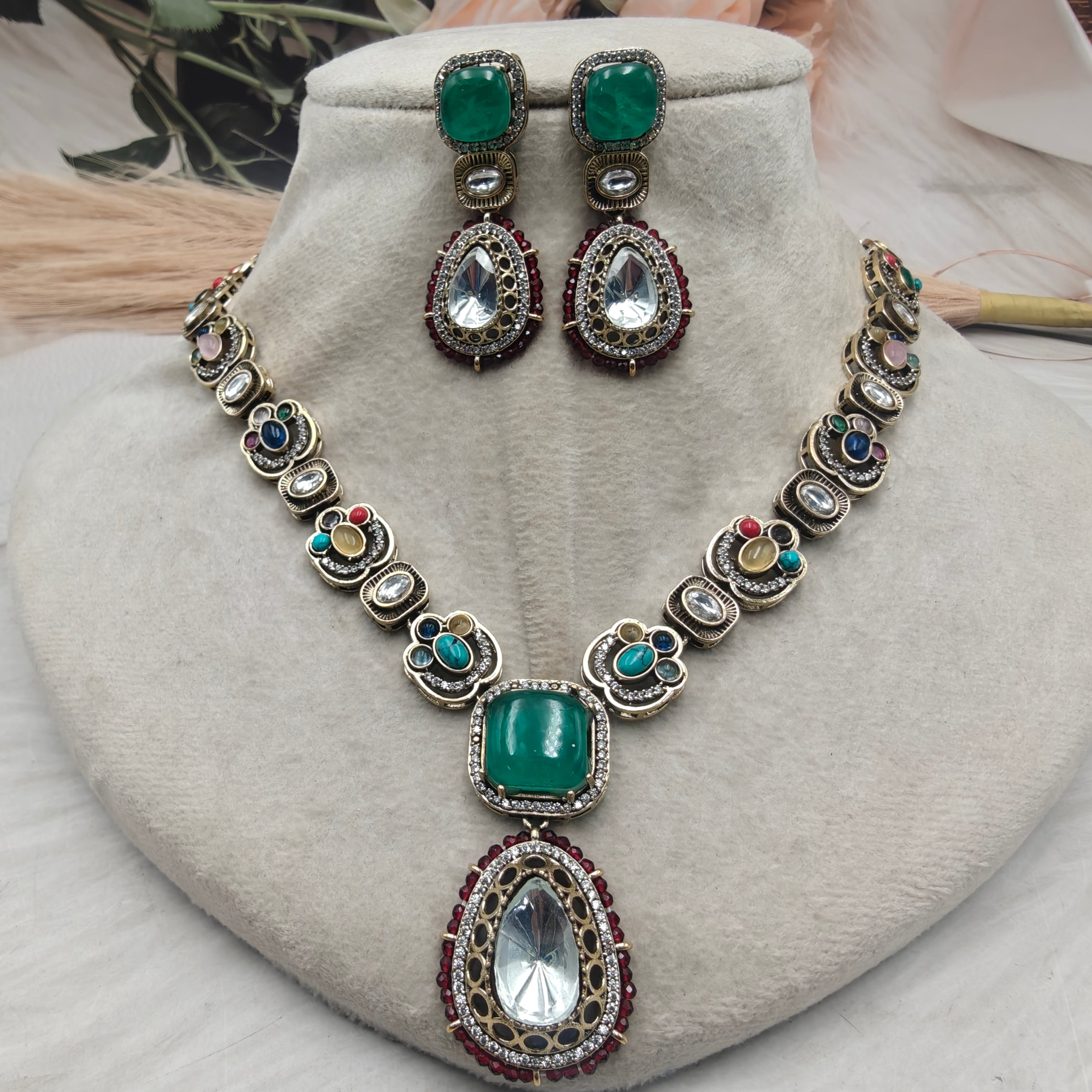 Rushali natural stone Necklace Set- Green Multi