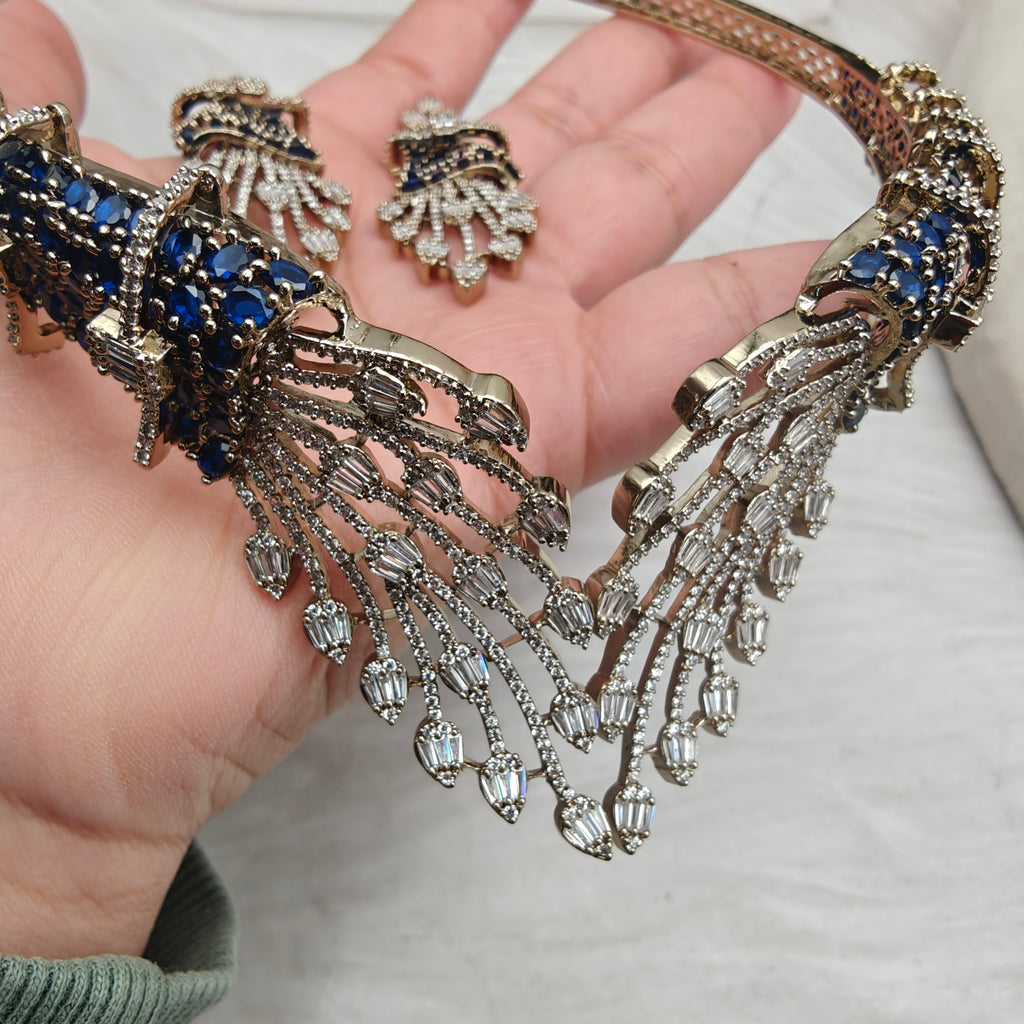 Elysian Empress Collar Style Hasli Necklace Set- Blue
