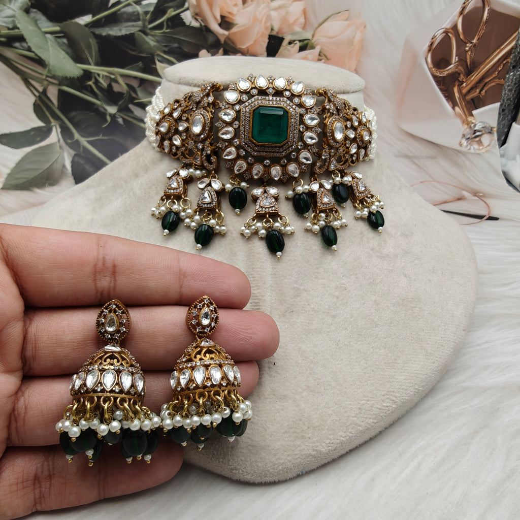 Shakti Doublet Victorian Finish Uncut Moissanite Polki Choker Set- Emerald Green