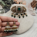Shakti Doublet Victorian Finish Uncut Moissanite Polki Choker Set- Emerald Green