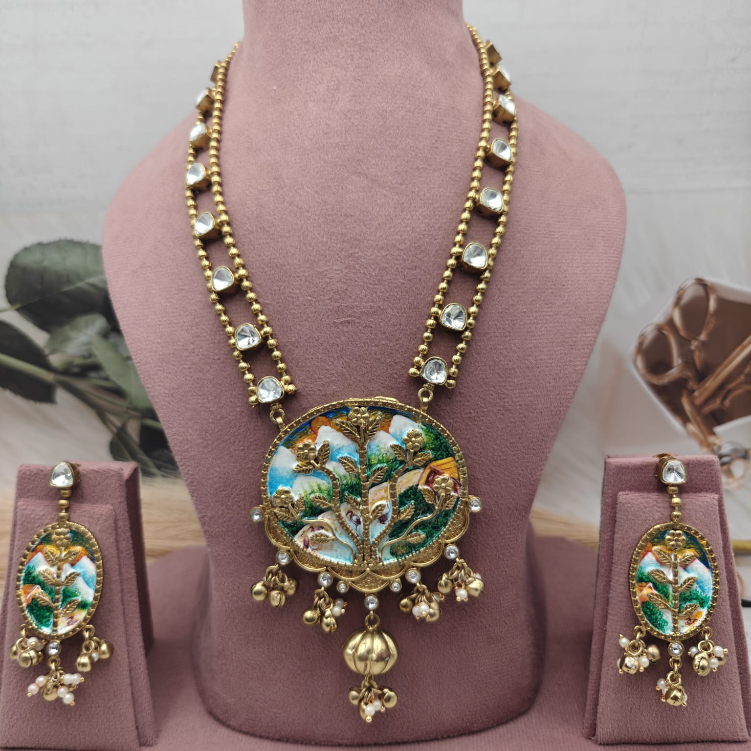 Tanjore Handcrafted Brass Fusion Amrapali Necklace Set - Multi 2