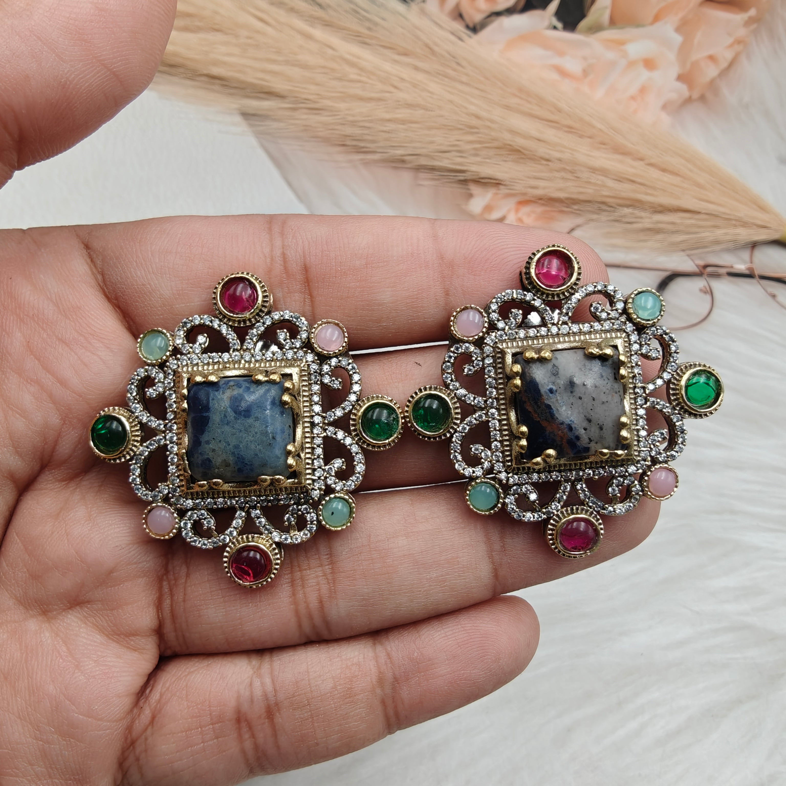 Sabyasachi Inspired Jhanvi Gemstone Studs- Sodalite Quartz