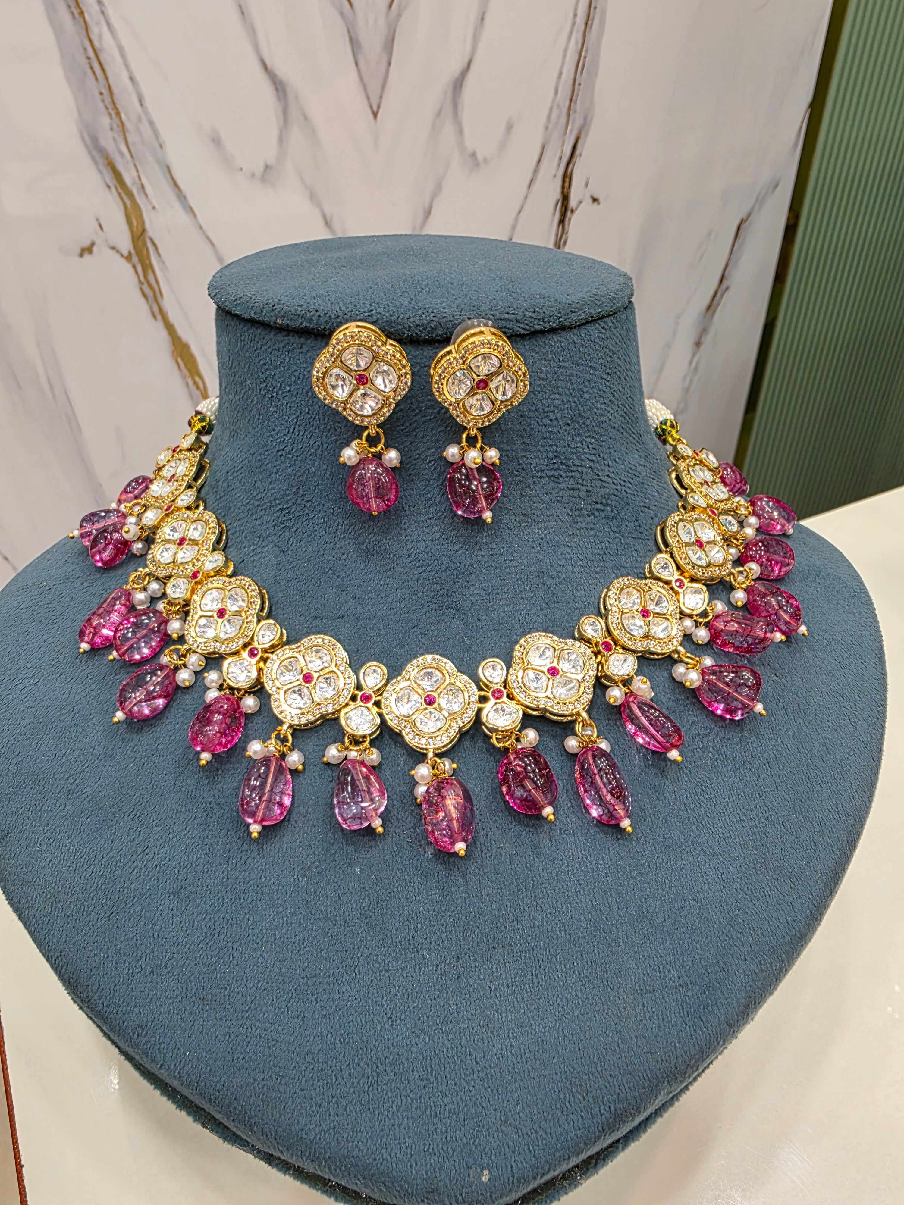 Anvesha Tyani Kundan Necklace Set- Onion Pink