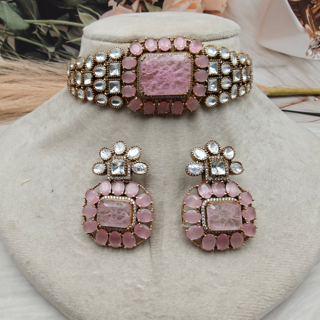 Vaishali Tanzanite Doublet and Moissanite Choker Set- Pink