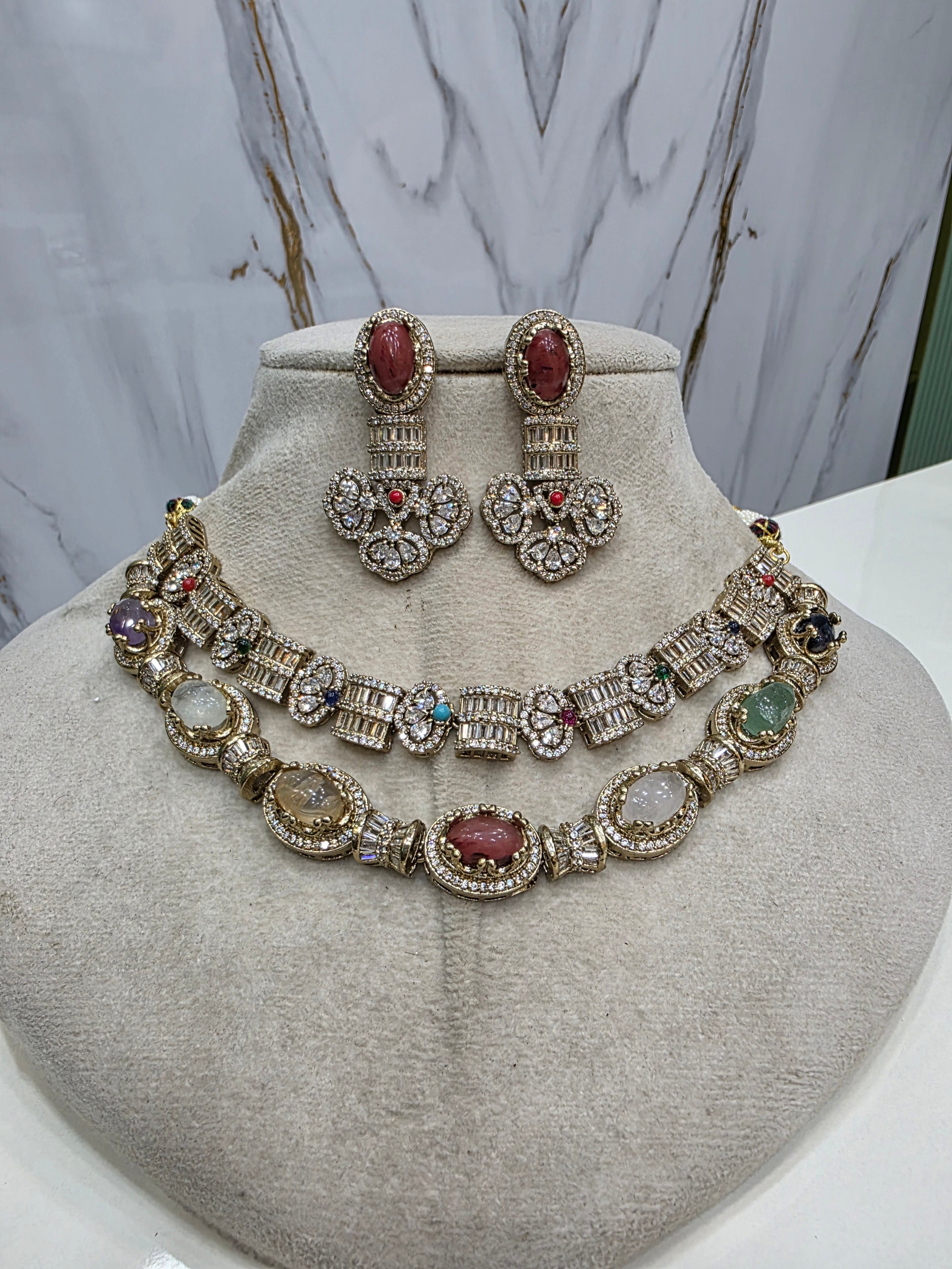 Double Layer Koshu Sabya Inspired Necklace Set- Multi