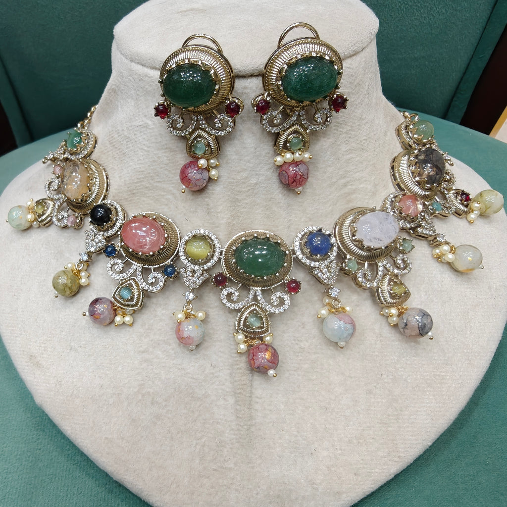 Reshma Sabya Inspired Gemstone Necklace Set- Green Multi