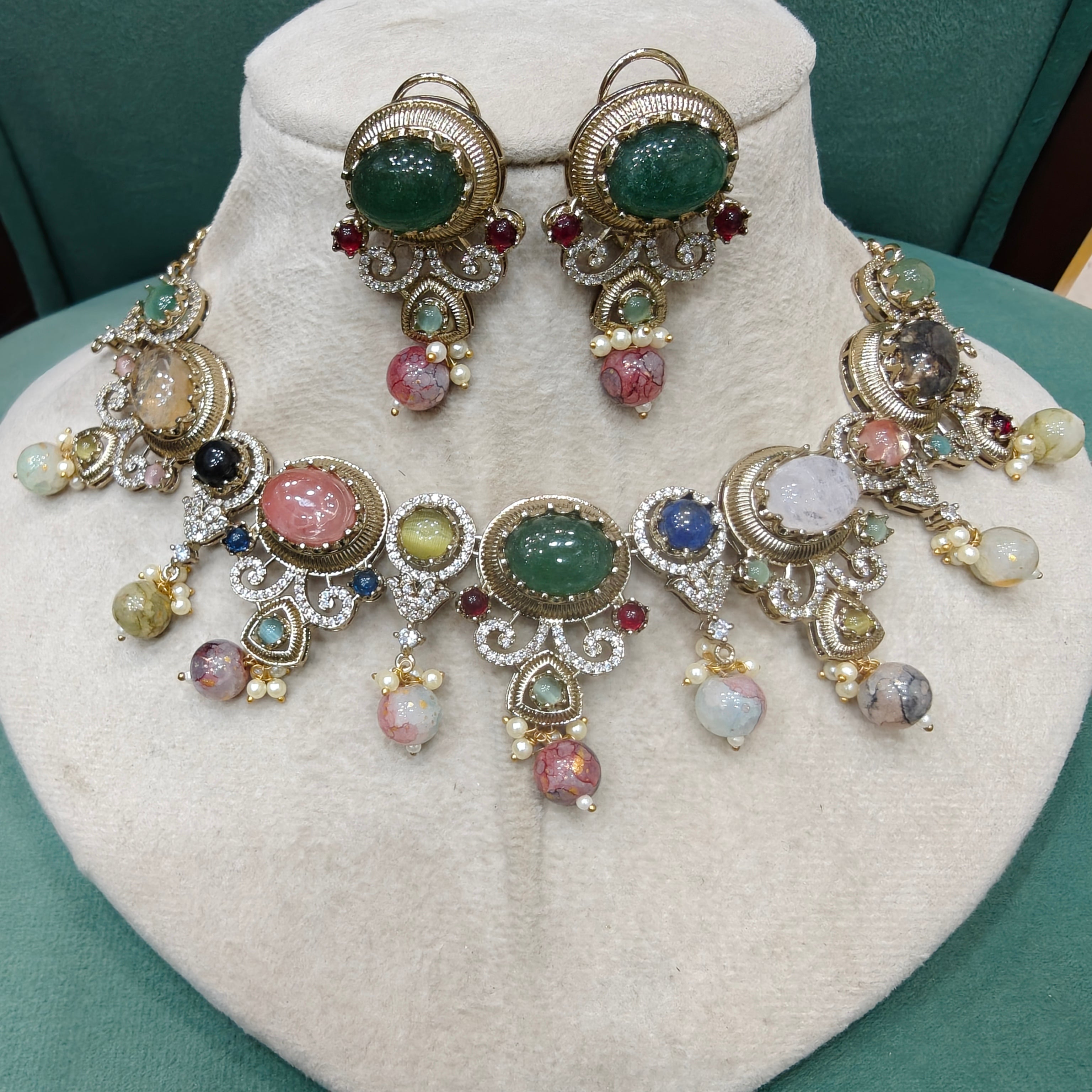 Reshma Sabya Inspired Gemstone Necklace Set- Green Multi