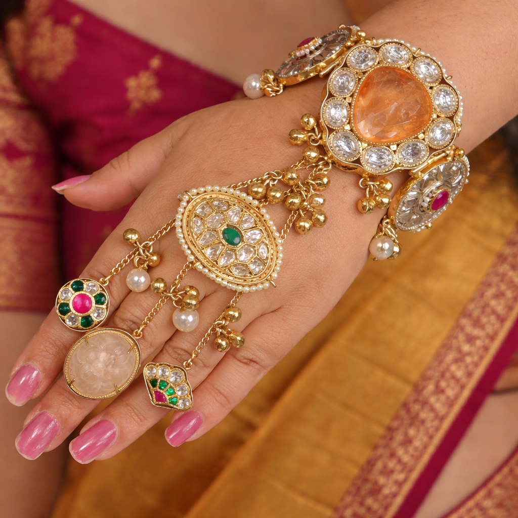 Shaheen Handcrafted Brass Fusion Hathphool- Peach and Rose Quartz