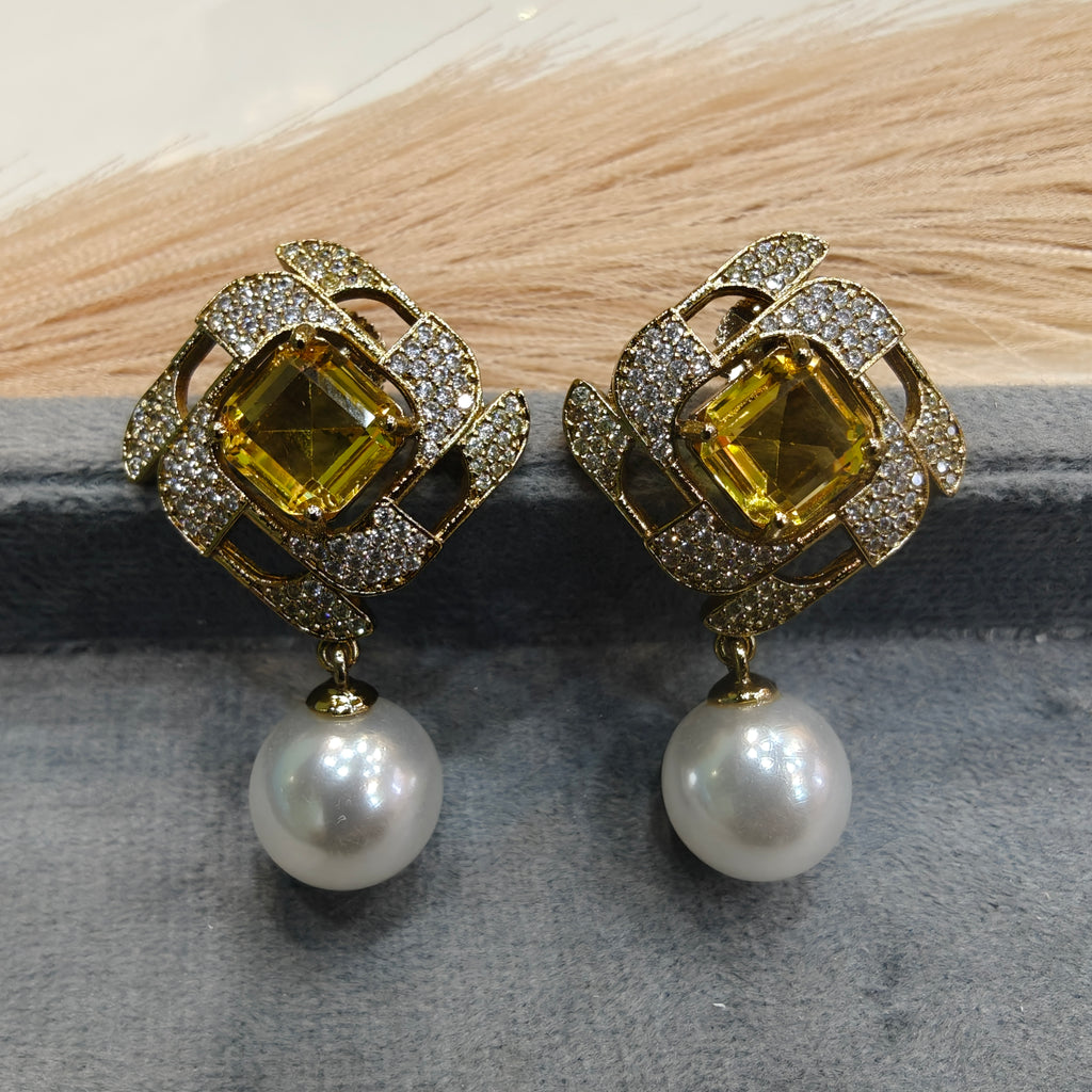 Shaanvi Sabyasachi Inspired Pearl Drop Stud Earrings- Yellow Gold