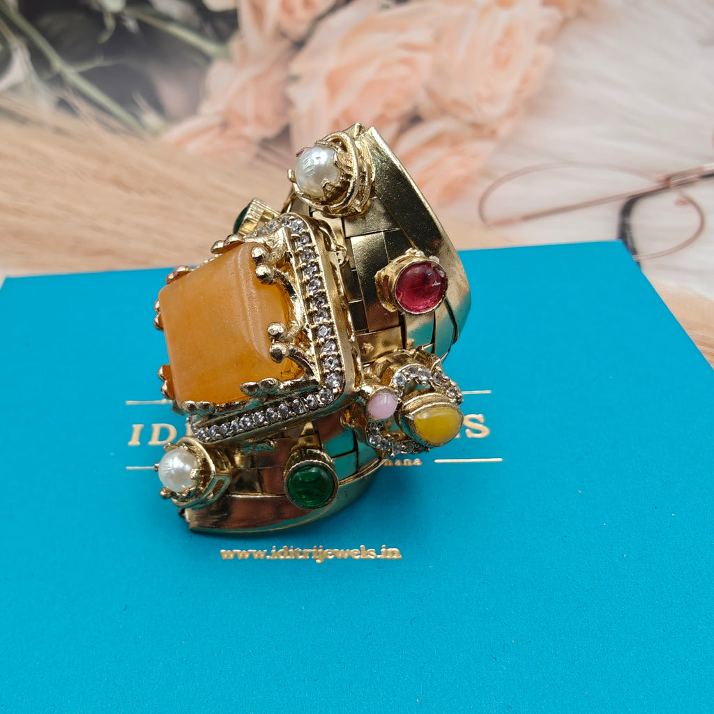 Anshika Brass Fusion Handcrafted Gemstone Sabya Inspired Statement Ring- Mango Yellow