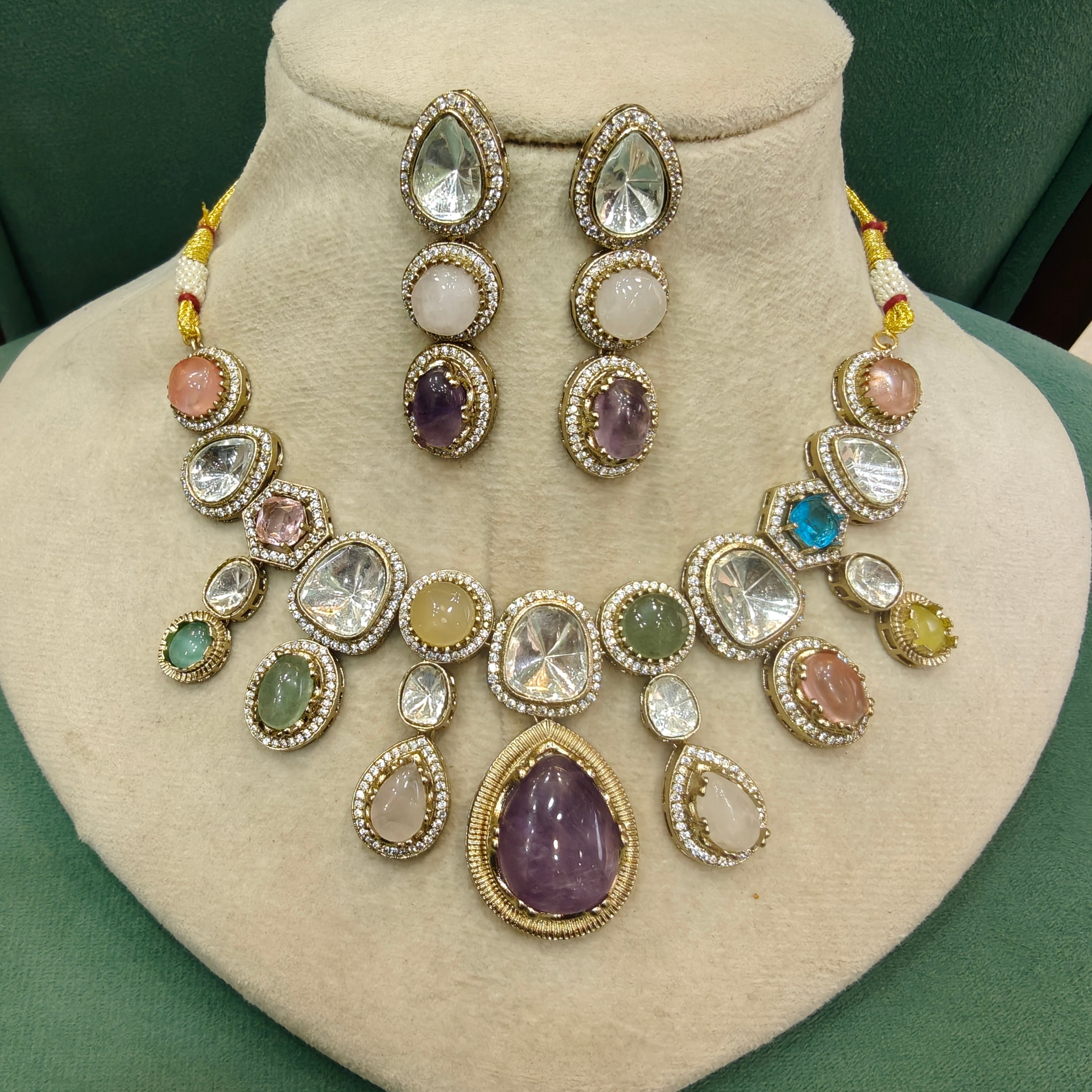 Priya Sabya Inspired Polki Fusion Necklace Set- Lavender  Multi