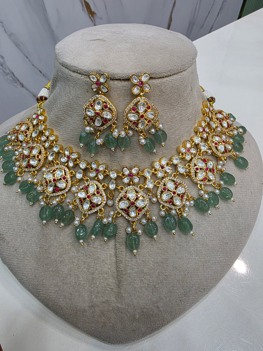 Avida Moissanite Kundan Heritage Necklace Set- Mint