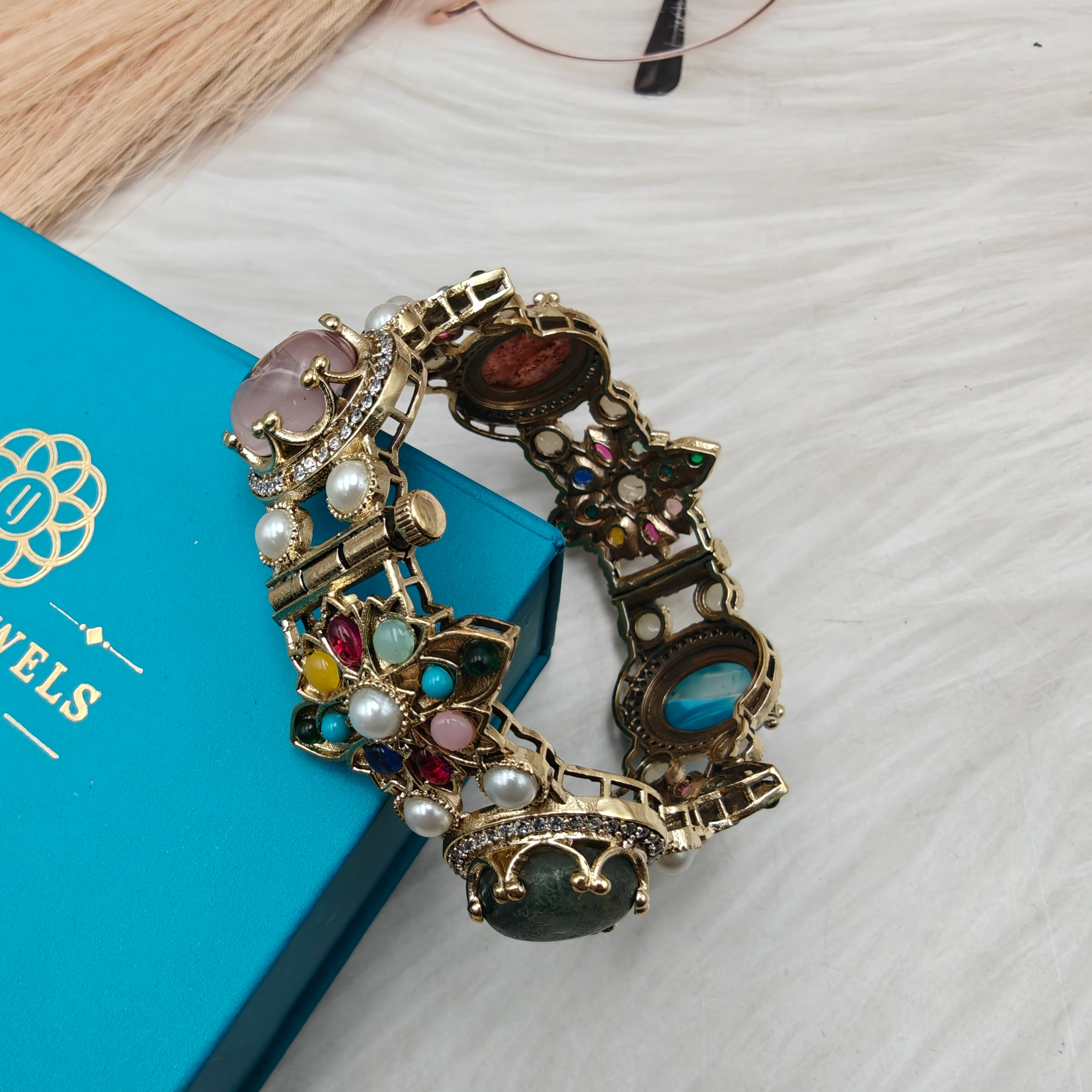 Sabyasachi Inspired Chahat Natural Stones Openable Bangle - Multi 4