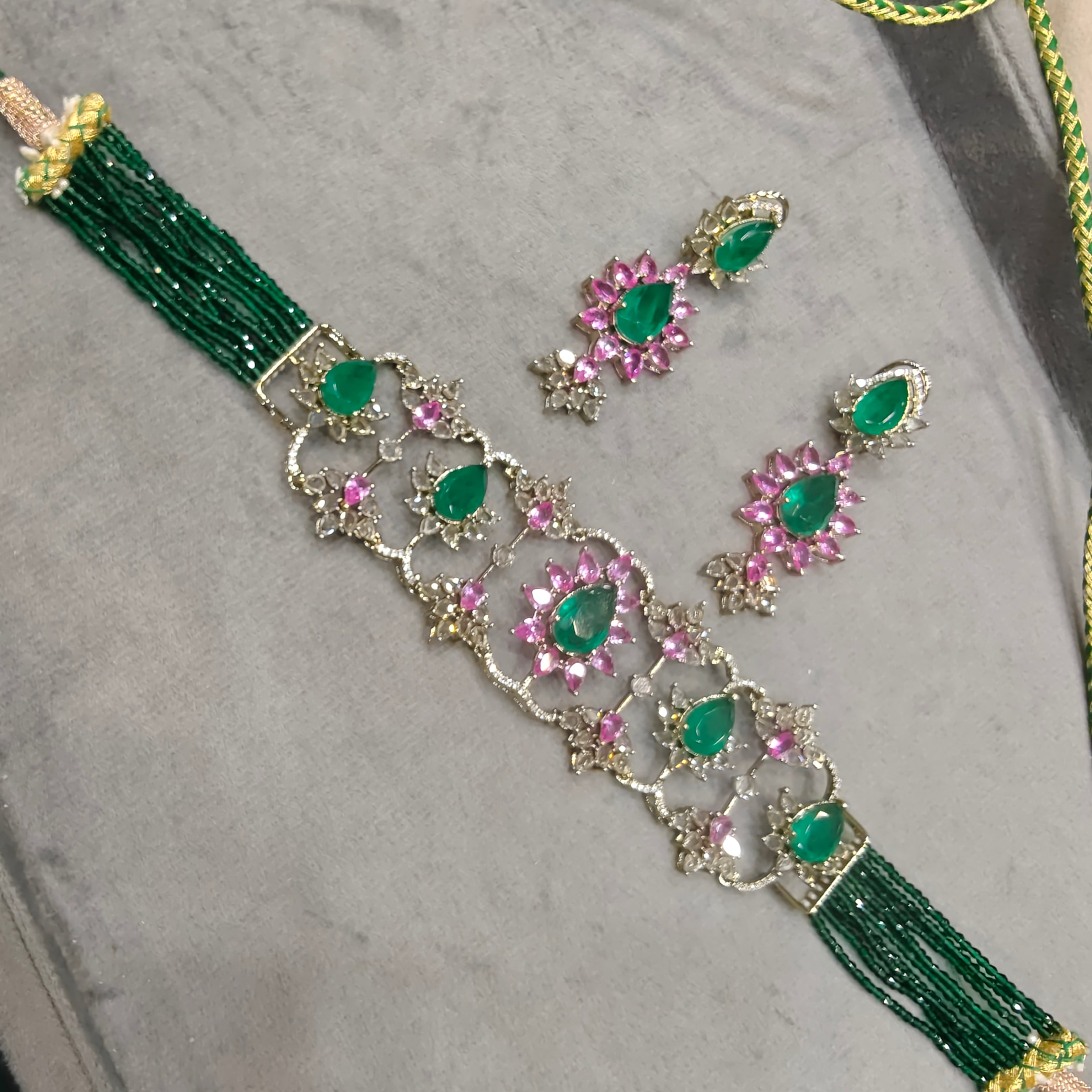 Muskaan Russian Doublet Cut Polki Choker Set- Emerald Green