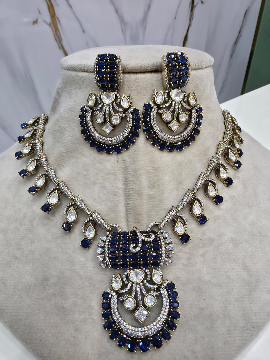 Radhya Polki Necklace Set- Blue