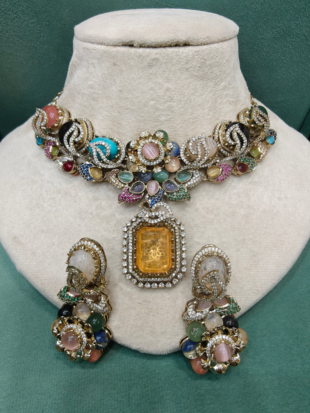 Ralima Sabya Inspired Semi Precious Gemstone Necklace Set- Yellow Multi