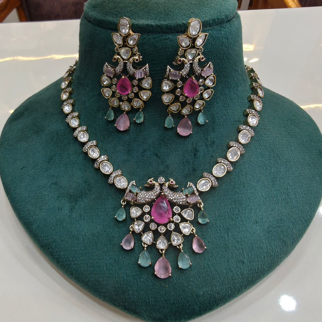Chandrika Morni Uncut Moissanite Polki Necklace Set- Pink Mint