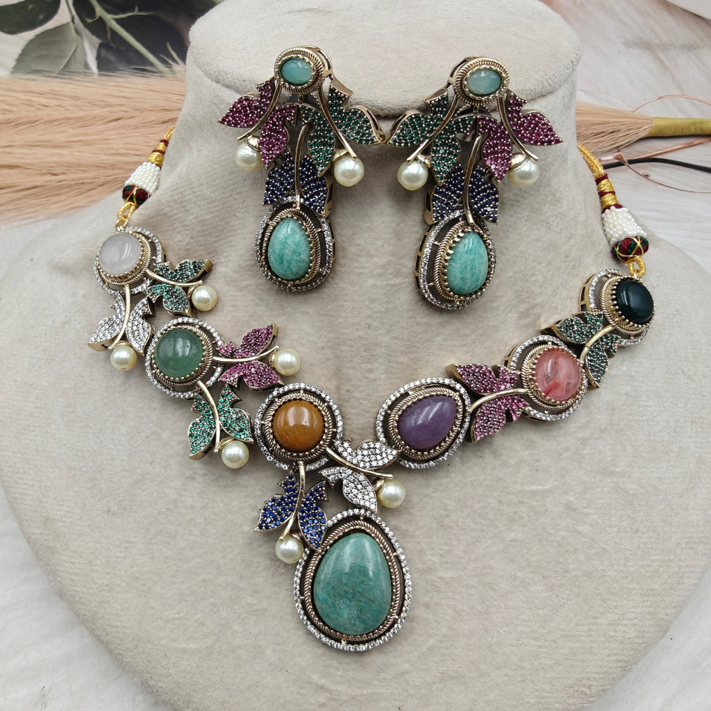 Vriksha Ratna Designer Gemstone Necklace Set- Aquamarine Multi