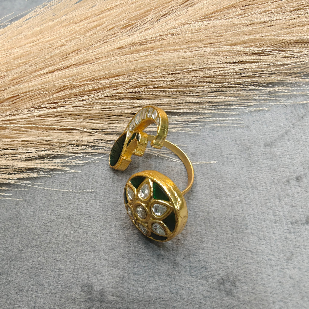 Rukamani Jadau Kundan Heritage Double Finger Ring- Green