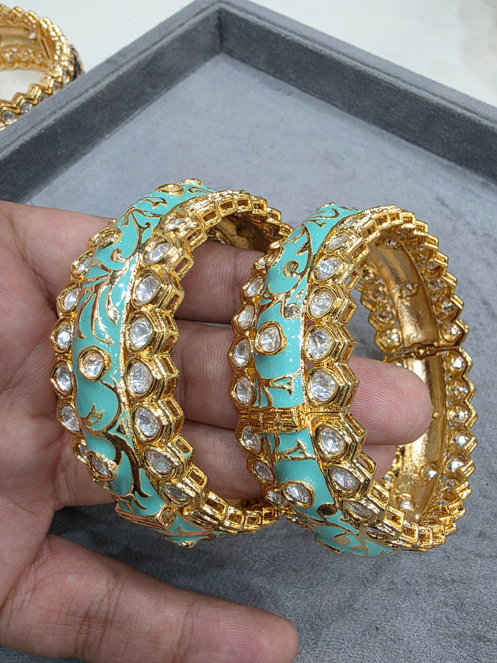Jaya Enamel Meenakari Kundan Openable Kangan (Pair)- Turquoise