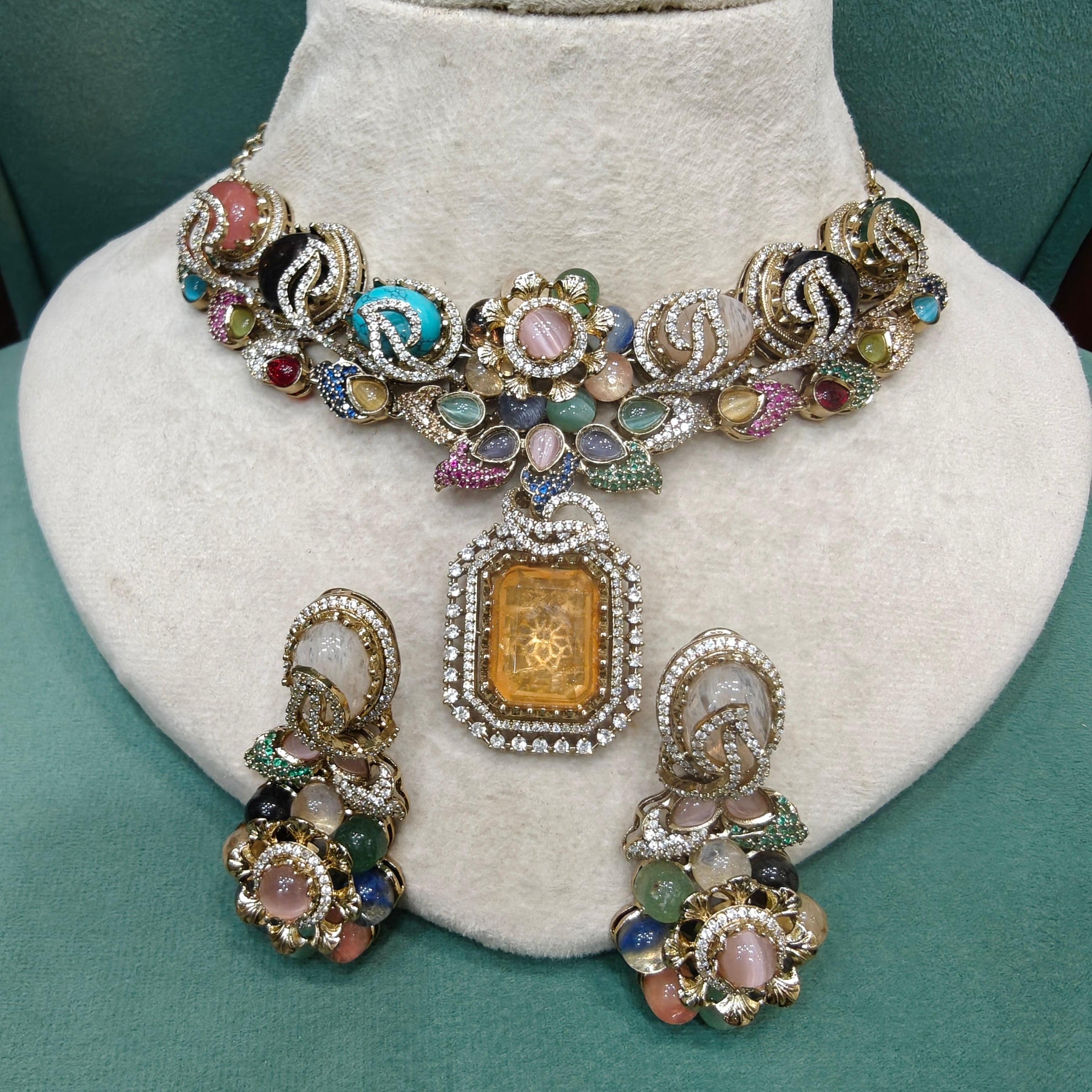 Ralima Sabya Inspired Semi Precious Gemstone Necklace Set- Yellow Multi