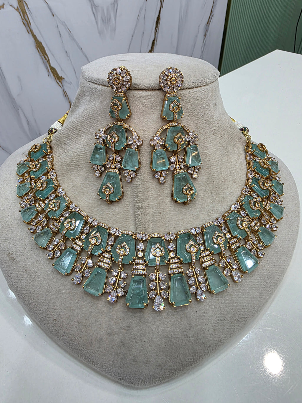 Gazal Russian Doublet Statement Necklace Set- Ice Blue