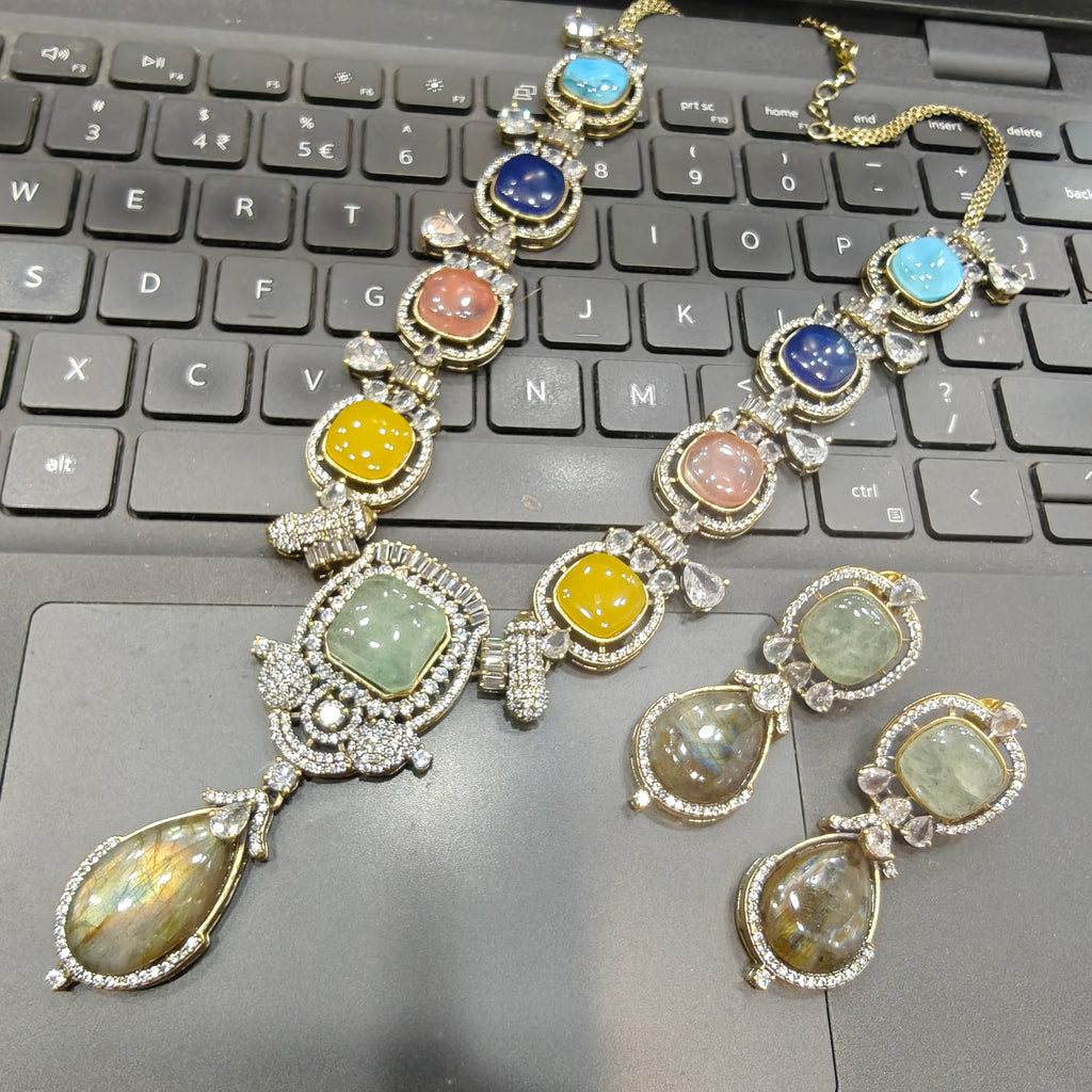 Aasma Sabya Inspired Quartz Doublet Necklace Set- Mint Labrodorite Multi