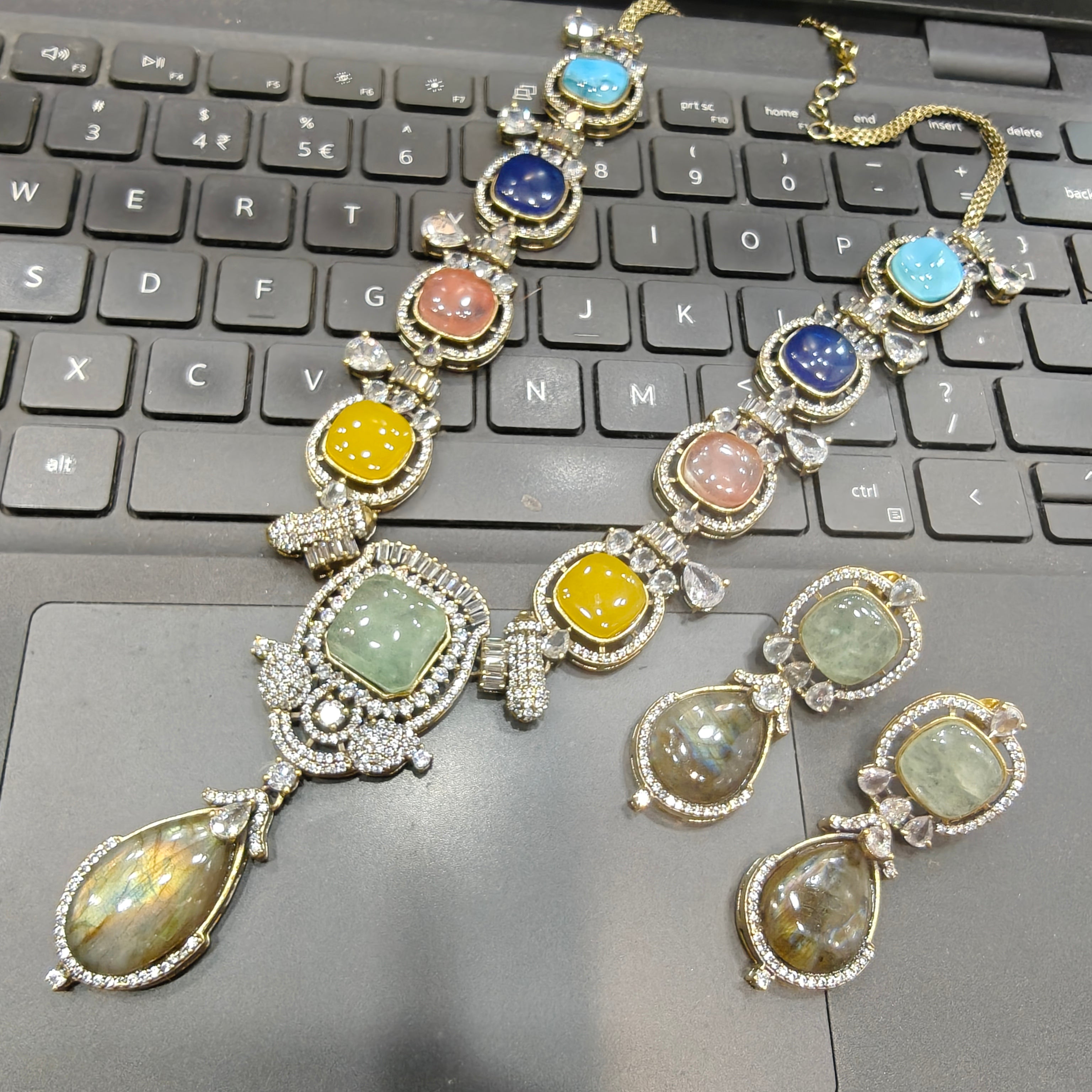Aasma Sabya Inspired Quartz Doublet Necklace Set- Mint Labrodorite Multi