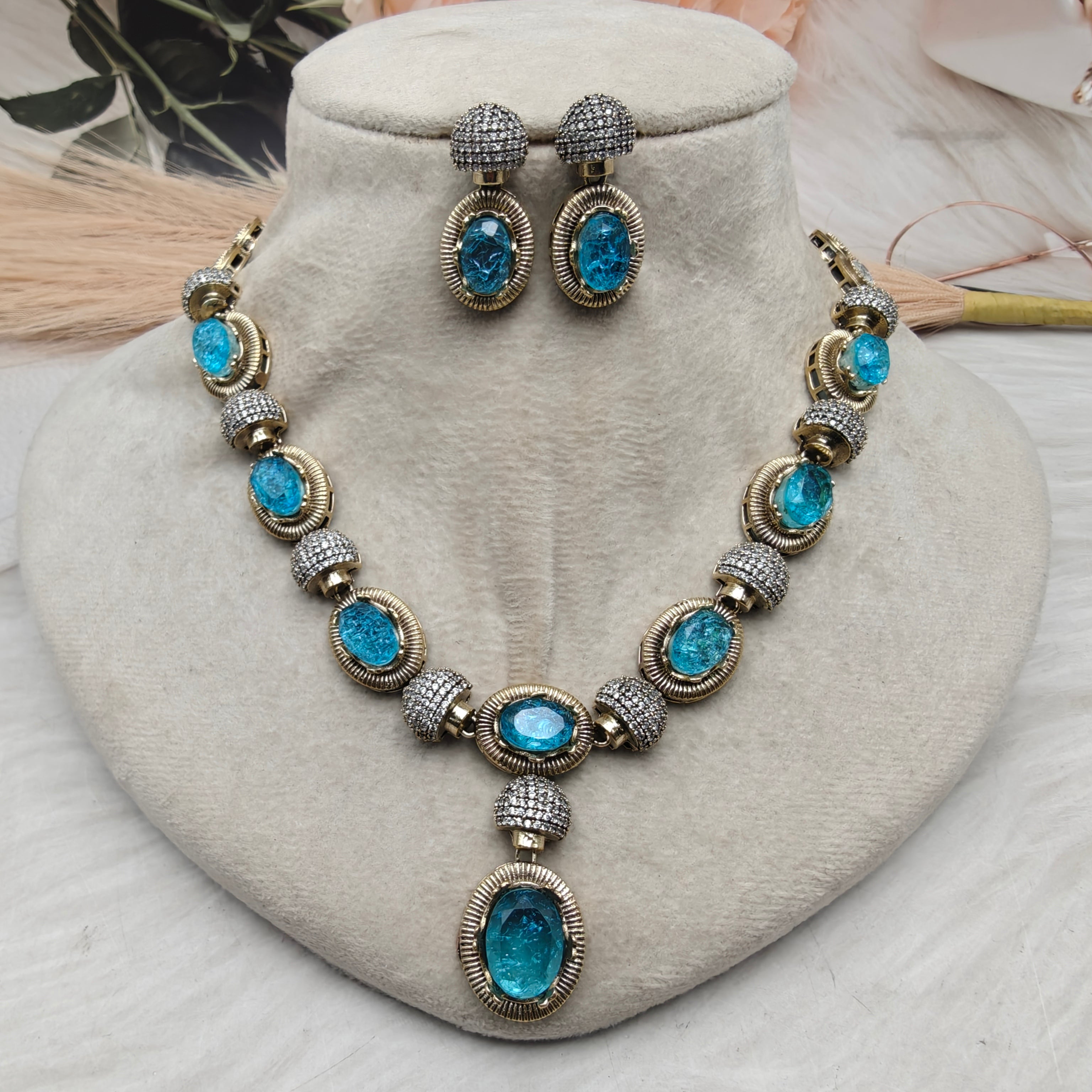 Shailaja Quartz Doublet Necklace Set- Turquoise