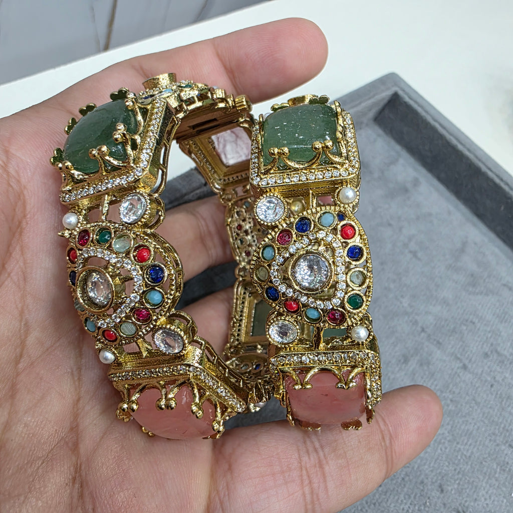 Chavi Sabya Inspired Gemstone Openable Bangles - Green and Coral