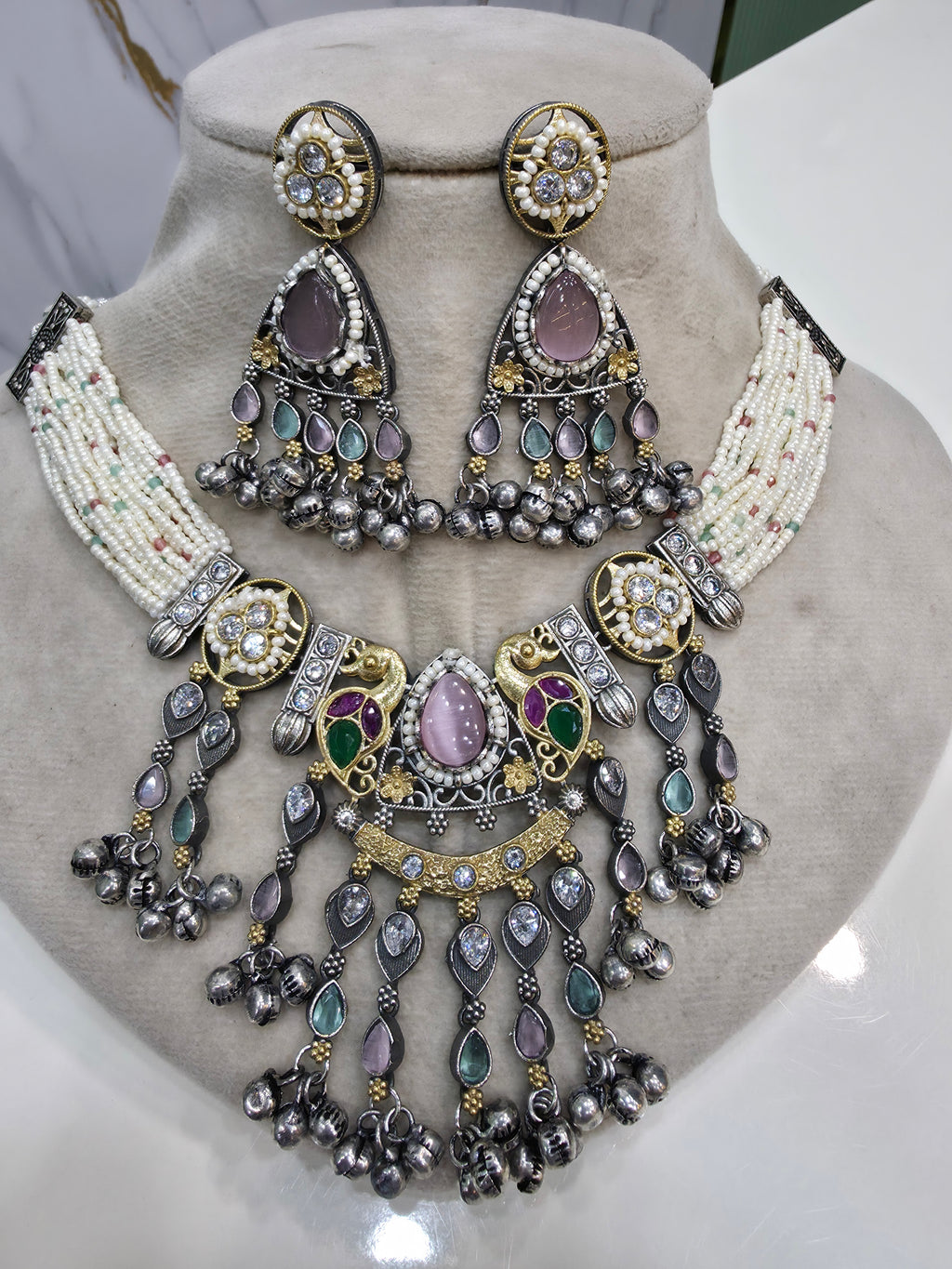 Shriyali Silver Oxidised Brass Choker Necklace Set- Pink Mint