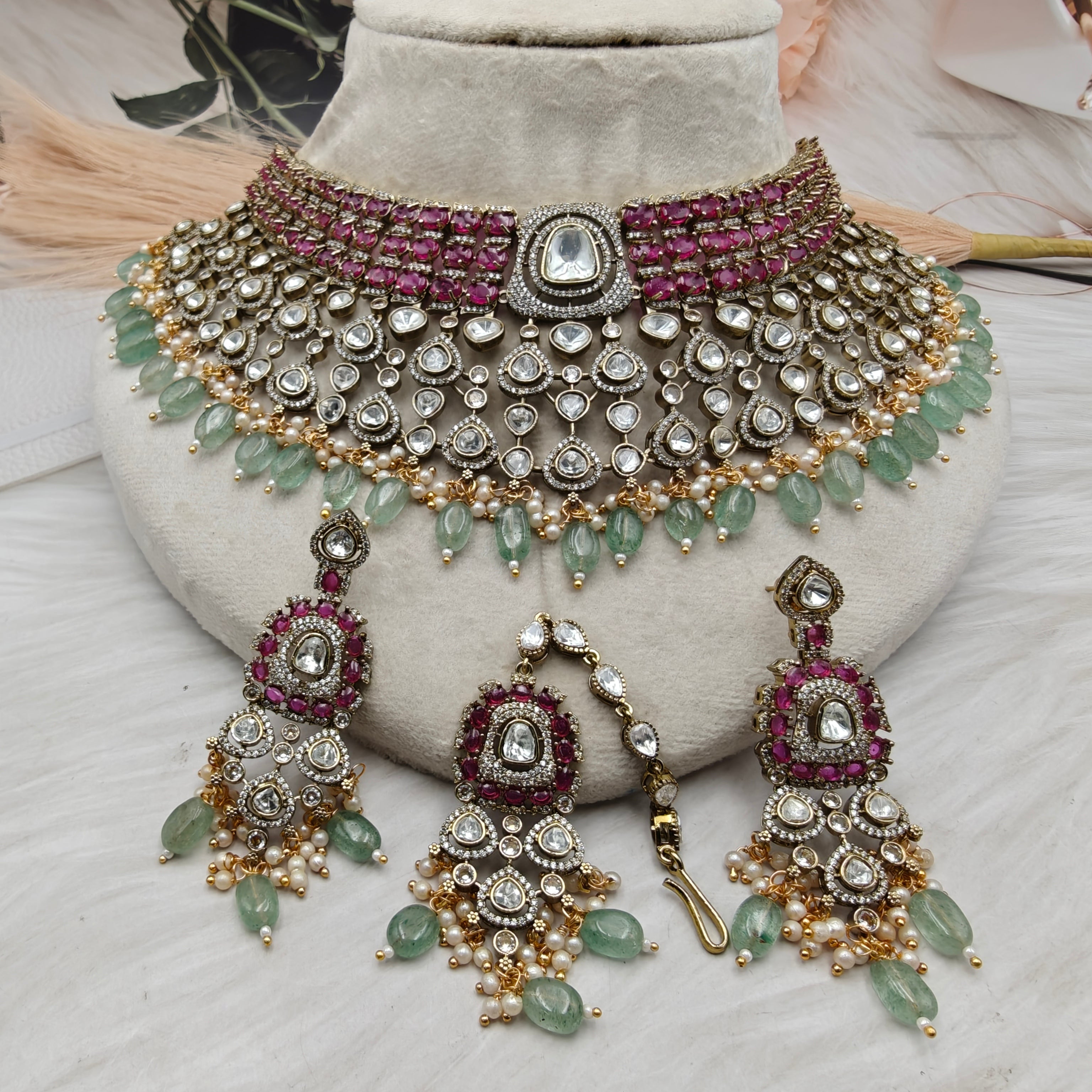 Suhasani Uncut Polki Pota Stone Necklace Set - Ruby n Mint