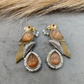 Silver oxidised Bird Earrings- Peach