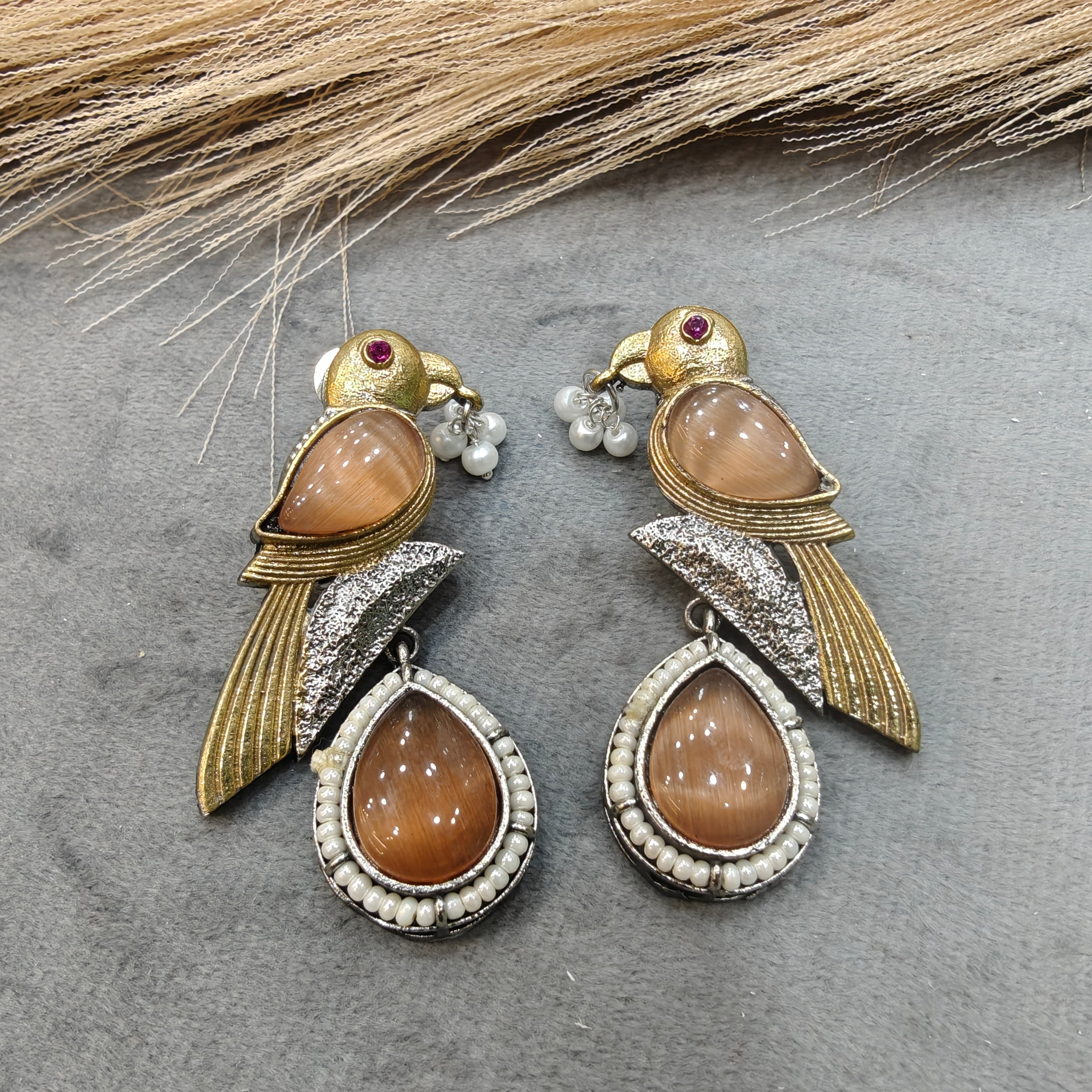 Silver oxidised Bird Earrings- Peach