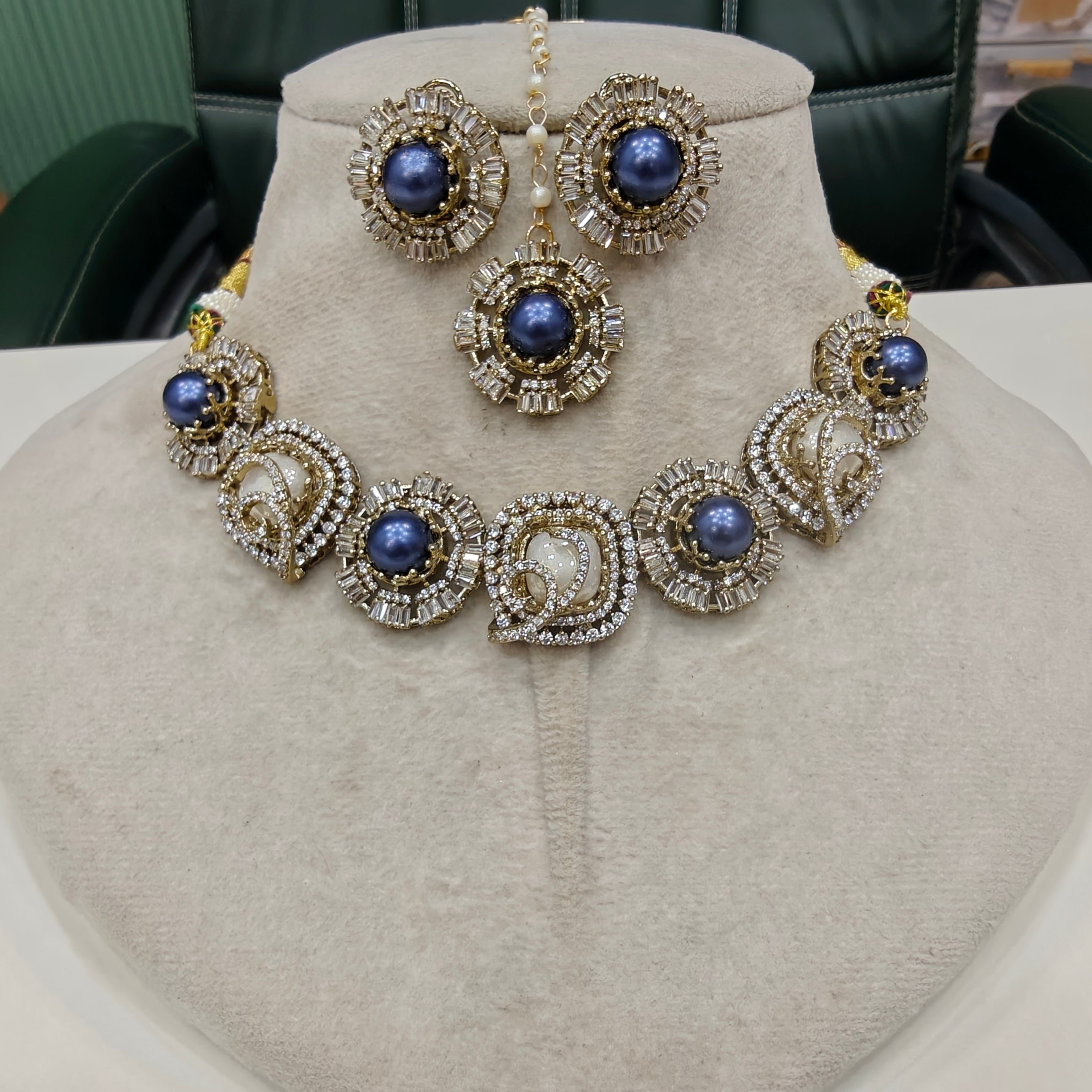 Sakshi Pearl Choker Necklace Set with Mangtikka- Blue and White