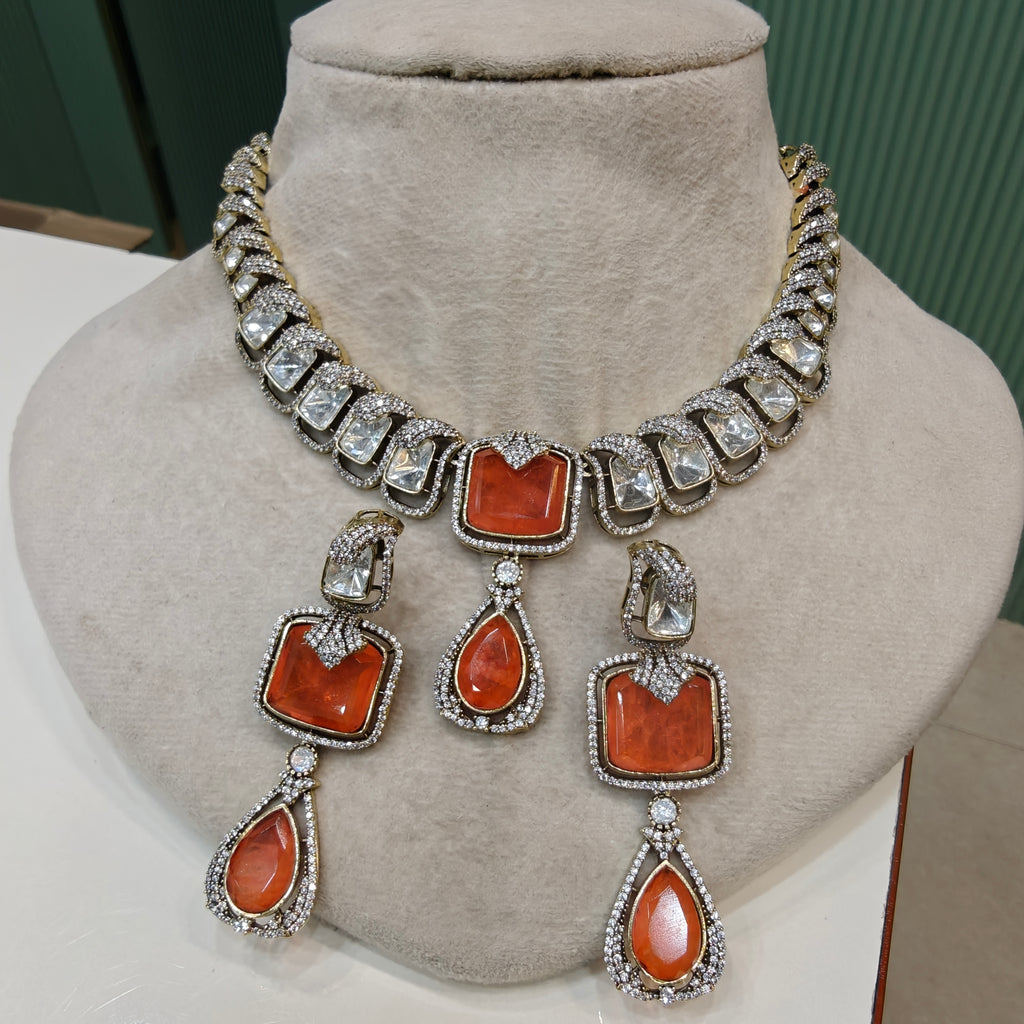 Madhumita Doublet Polki Necklace Set- Orange