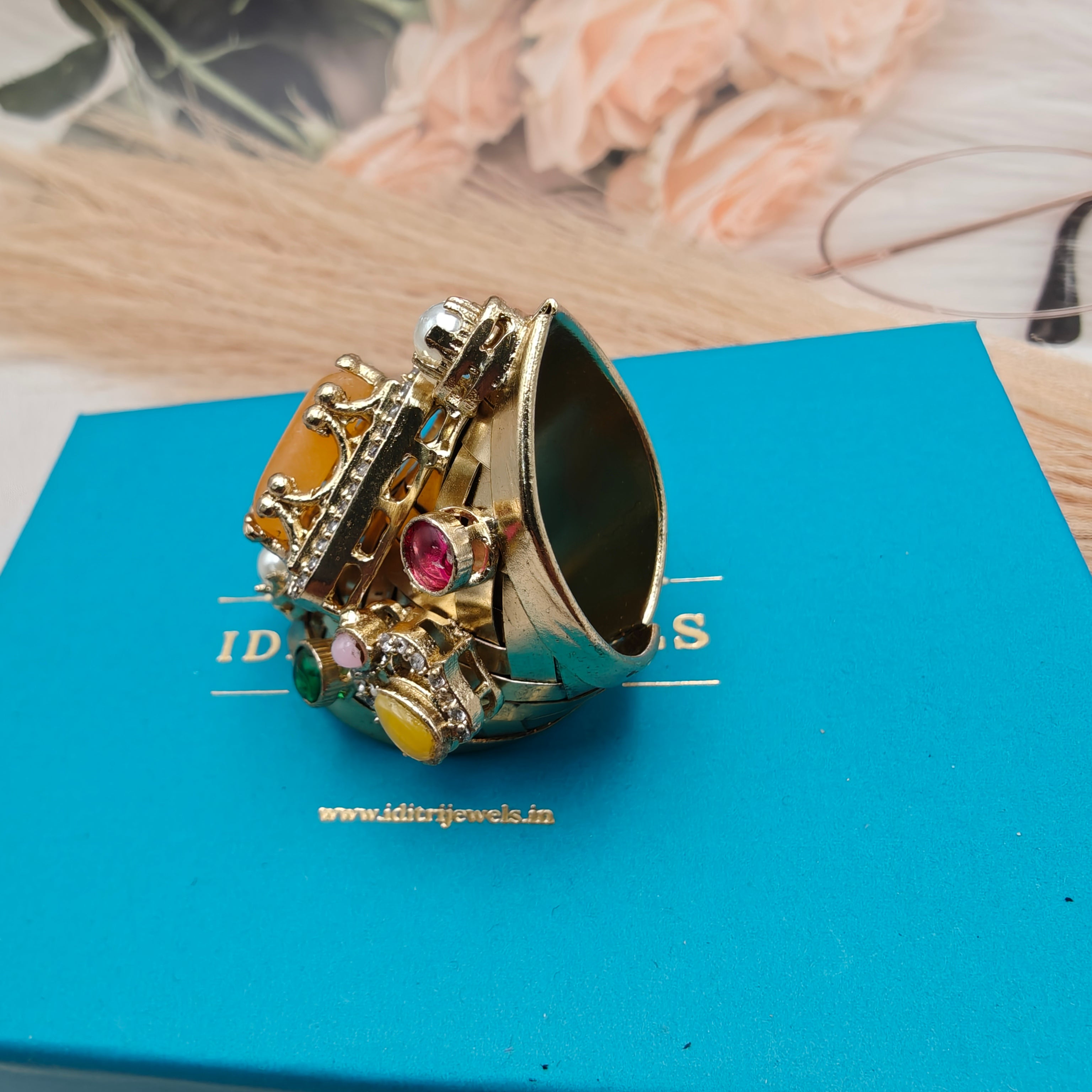 Anshika Brass Fusion Handcrafted Gemstone Sabya Inspired Statement Ring- Mango Yellow