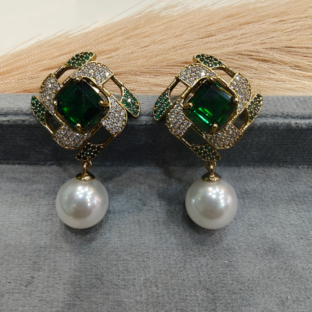 Shaanvi Sabyasachi Inspired Pearl Drop Stud Earrings- Emerald