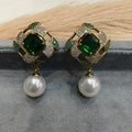 Shaanvi Sabyasachi Inspired Pearl Drop Stud Earrings- Emerald